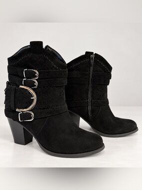 Pierre Dumas Black Western Ankle Boots Women’s Size 6 Buckle Block Heel Booties